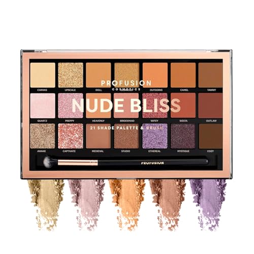 Profusion Cosmetics Nude Bliss Lidschatten-Palette mit 21 Lidschatten-Palette + gratis Pro Series Pinsel (hochpigmentierte, mischbare Schattierungen von goldenem Taupe, staubigem Kupfer und rosigem Rosa) von Profusion Cosmetics