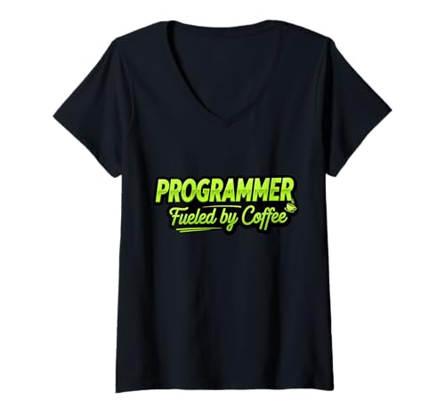 Damen Programmierer Fueled By Coffee Lover Coder Programmierung Coding T-Shirt mit V-Ausschnitt von Programmer Fueled By Coffee Lover Coder Products