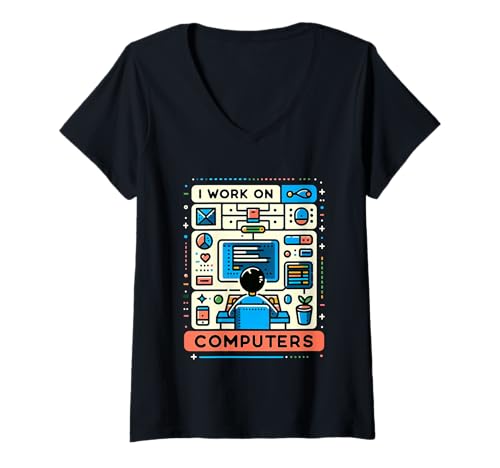 Damen I Work On Computers Programmierer -Tech -Codierung ------ T-Shirt mit V-Ausschnitt von Programmierer-Nische