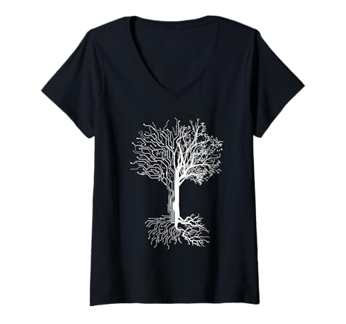Damen Digitaler Baum Informatiker Zocker CPU Computer Schaltplan T-Shirt mit V-Ausschnitt von Programmierer PC Freak Zocker Nerd Gaming Spieler