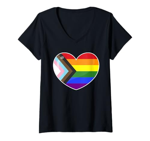Damen Fortschritt Regenbogen Pride Flagge Herz Retro Vintage T-Shirt mit V-Ausschnitt Damen Fortschritt Regenbogen Pride Flagge Herz Retro Vintage T-Shirt mit V-Ausschnitt von Progress Pride Flag Heart LGBT Retro Vintage