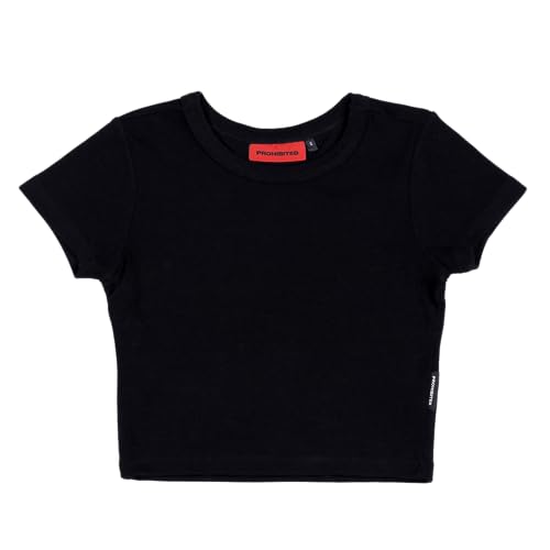 Prohibited einfarbiges Basic Cropped T-Shirt | Dicker Stoff, Dehnbar & Hauteng, Rundhals-Ausschnitt, Blickdicht | Premium Damen Oberteil (M, Black) von Prohibited Blanks