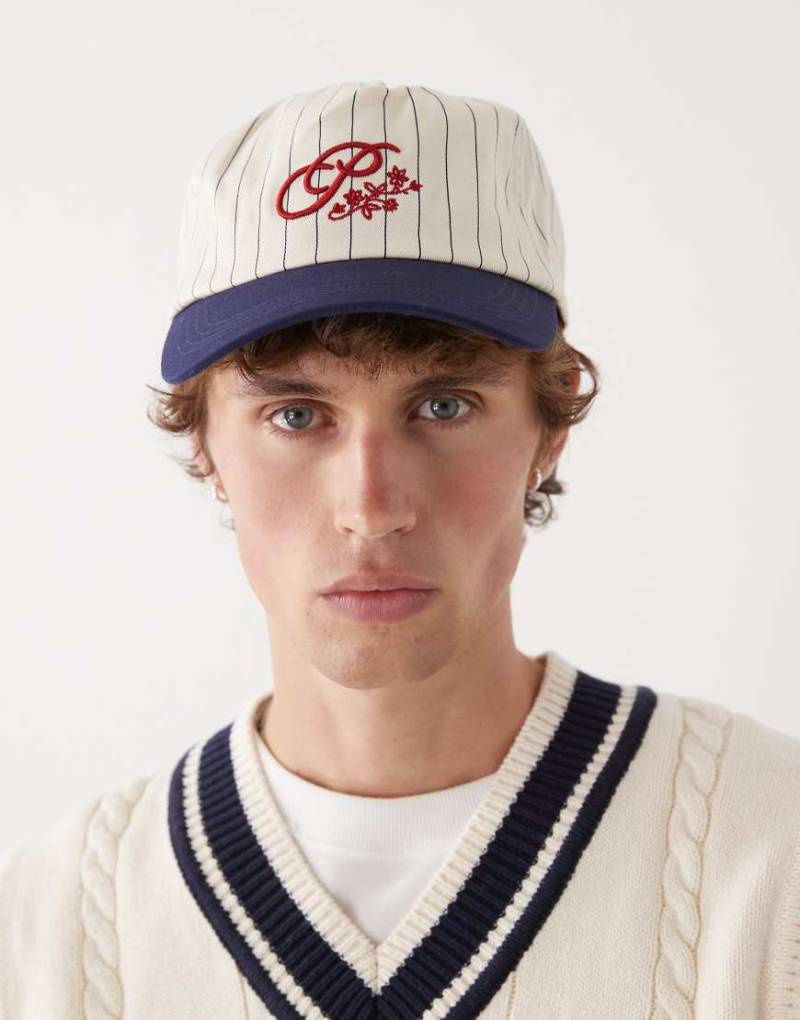 Prohibited - Kappe in gestreiftem Weiß mit 5 Bahnen, Blüten-Logo und farblich abgesetztem Schirm-Bunt von Prohibited