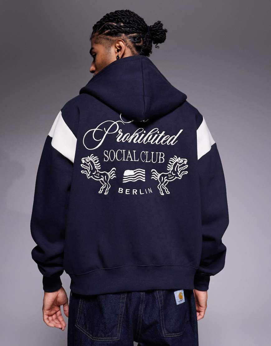 Prohibited - Kapuzenjacke in Marineblau mit Reißverschluss, Logo und Rückenprint von Prohibited