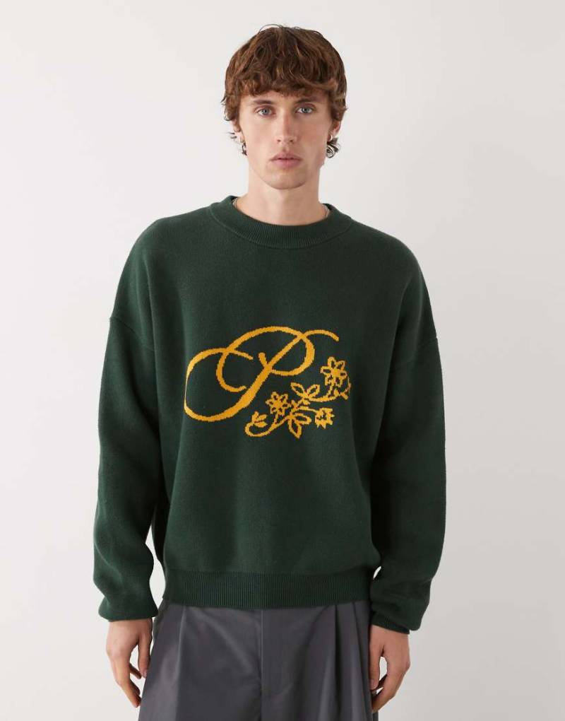 Prohibited - Oversize-Strickpullover in Dunkelgrün mit Blüten-Logo von Prohibited