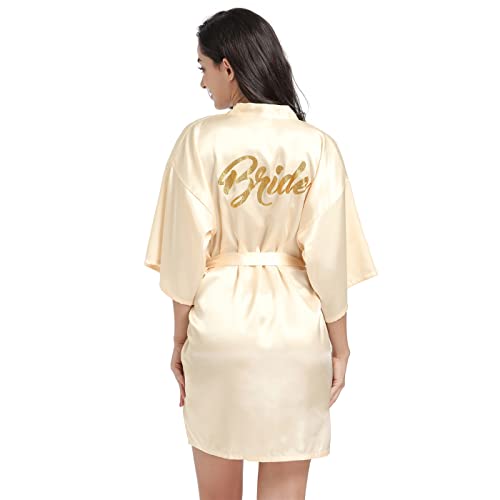 Prohonbec Damen Satin Kimono Braut Badmantel mit Goldenem Glitzer, Gürtel für Hochzeit Party, Brauttag Morgenmantel (M, Champagner- Braut) von Prohonbec