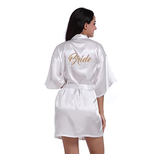 Prohonbec Damen Satin Kimono Braut Badmantel mit Goldenem Glitzer, Gürtel für Hochzeit Party, Brauttag Morgenmantel (XL, Weiße- Braut) von Prohonbec