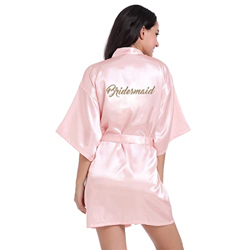 Prohonbec Damen Satin Kimono Brautjungfer Badmantel mit Goldenem Glitzer, Gürtel für Hochzeit Party, Brauttag Morgenmantel (M, Rosa- Brautjungfer) von Prohonbec