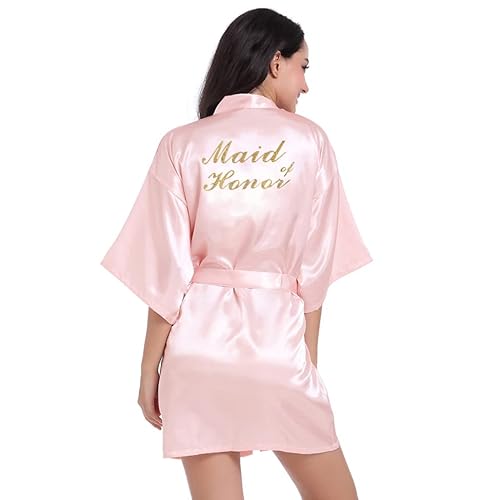 Prohonbec Damen Satin Kimono Brautjungfer Badmantel mit Goldenem Glitzer, Gürtel für Hochzeit Party, Brauttag Morgenmantel (M, Rosa- Maid of Honor) von Prohonbec