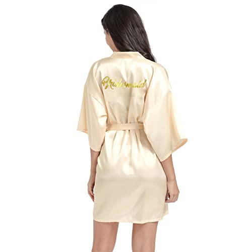 Prohonbec Damen Satin Kimono Brautjungfer Badmantel mit Goldenem Glitzer, Gürtel für Hochzeit Party, Brauttag Morgenmantel (M, Champagner- Brautjungfer) von Prohonbec