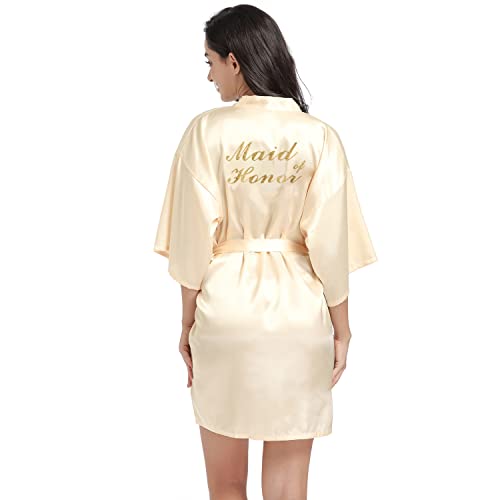 Prohonbec Damen Satin Kimono Brautjungfer Badmantel mit Goldenem Glitzer, Gürtel für Hochzeit Party, Brauttag Morgenmantel (M, Champagner- Maid of Honor) von Prohonbec