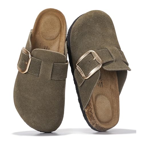 Project Cloud Clogs aus echtem Leder für Damenschuhe – Memory-Schaum-Einlegesohle, rutschfestes und natürliches Kork-Fußbett, Fußgewölbeunterstützung, große Schnalle, Damen-Clogs und Pantoletten für von Project Cloud