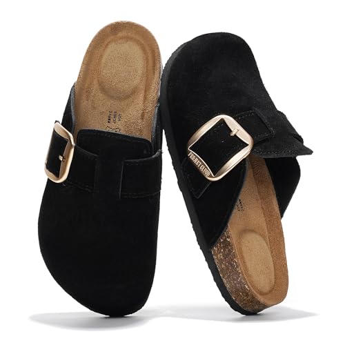 Project Cloud Clogs aus echtem Leder für Damenschuhe – Memory-Schaum-Einlegesohle, rutschfestes und natürliches Kork-Fußbett, Fußgewölbeunterstützung, große Schnalle, Damen-Clogs und Pantoletten für von Project Cloud