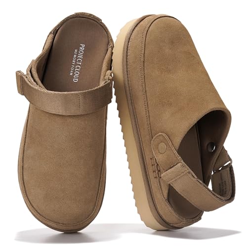 Project Cloud Clogs und Pantoletten aus echtem Wildleder für Damen, Memory-Schaum, verstellbare Riemen, leichte Plateauschuhe, rutschfeste Slides (Goldstar), Khaki-Wildleder, 11 US von Project Cloud