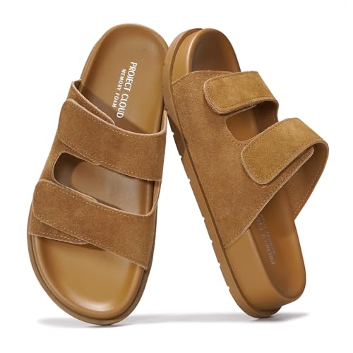 Project Cloud Damen-Sandalen aus echtem Leder mit Memory-Schaum, stilvolle und bequeme Doppelriemen, Slip-In-Slides für Damen, perfekte Sommersandalen für Damen 2025 (elegant), Sleek Chestnut Suede von Project Cloud