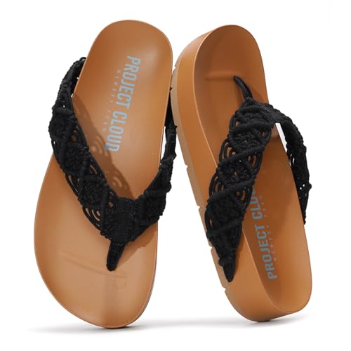 Project Cloud Damen-Sandalen – bequeme Häkel-Flip-Flops für Damen mit Memory-Schaum-Einlegesohle – leichte modische Sandalen für Damen 2025 – Damen-Flip-Flops für den Sommer (Hängematte), Schwarz von Project Cloud