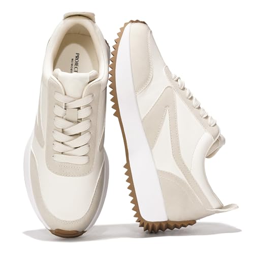 Project Cloud Damen-Sneaker, Memory-Schaum-Einlegesohle und leichte Federschuhe, rutschfeste Schnürschuhe, trendige Schuhe, modische Sneaker für Damen 2025, Beige-Balinda, 39.5 EU von Project Cloud