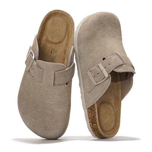 Project Cloud Echtes Leder-Fußbett-Clogs für Damen – Memory Foam Arch Support Hausschuhe für Frauen – Trendige Slip-Ons Damen Pantoletten & Clogs Sandalen (Benton), Dunkelgraues Wildleder, 37.5 EU von Project Cloud