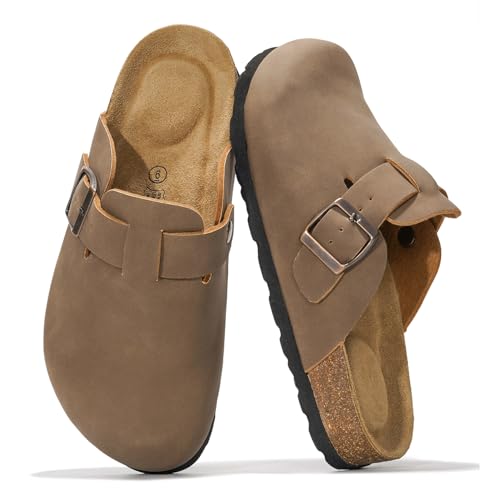 Project Cloud Echtes Leder-Fußbett-Clogs für Damen – Memory Foam Arch Support Hausschuhe für Frauen – Trendige Slip-Ons Damen Pantoletten & Clogs Sandalen (Benton), Hellbraun, 38 EU Weit von Project Cloud