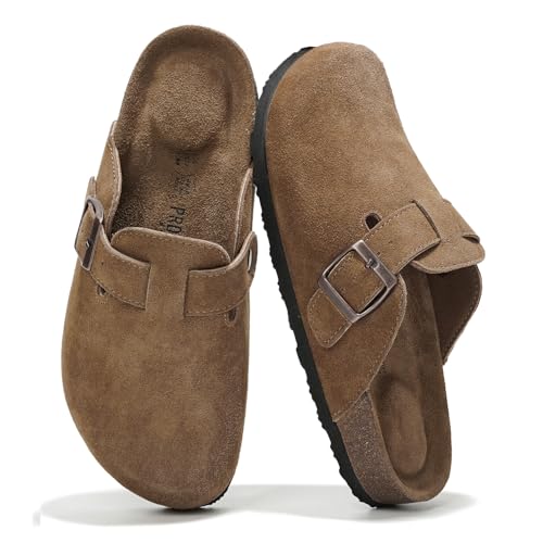 Project Cloud Echtes Leder-Fußbett-Clogs für Damen – Memory Foam Arch Support Hausschuhe für Frauen – Trendige Slip-Ons Damen Pantoletten & Clogs Sandalen (Benton), Hellbraunes Wildleder, 38.5 EU Weit von Project Cloud