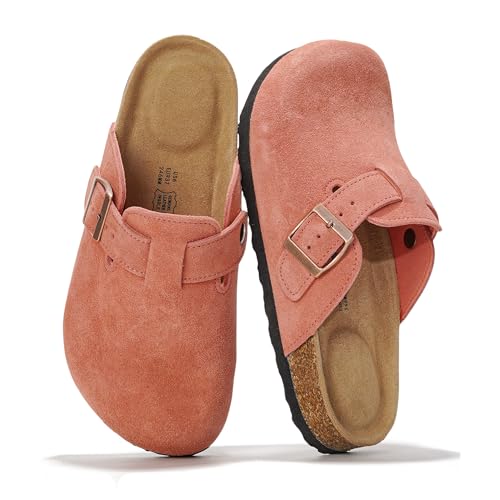 Project Cloud Echtes Leder-Fußbett-Clogs für Damen – Memory Foam Arch Support Hausschuhe für Frauen – Trendige Slip-Ons Damen Pantoletten & Clogs Sandalen (Benton), Korallenrot, 38.5 EU von Project Cloud