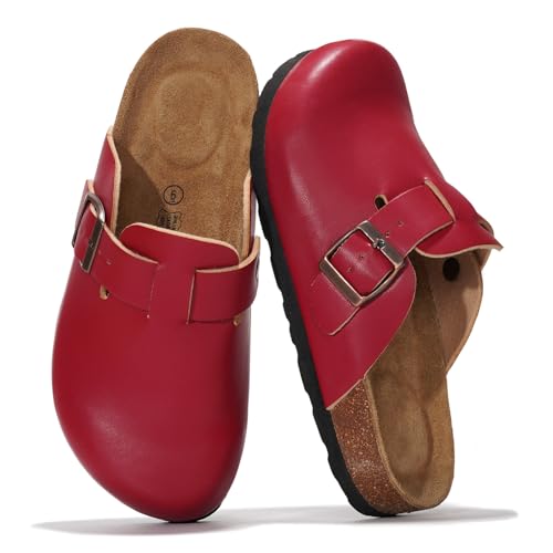 Project Cloud Echtes Leder-Fußbett-Clogs für Damen – Memory Foam Arch Support Hausschuhe für Frauen – Trendige Slip-Ons Damen Pantoletten & Clogs Sandalen (Benton), Rot/Ausflug, einfarbig (Getaway von Project Cloud