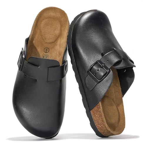Project Cloud Echtes Leder-Fußbett-Clogs für Damen – Memory Foam Arch Support Hausschuhe für Frauen – Trendige Slip-Ons Damen Pantoletten & Clogs Sandalen (Benton), Schwarz, 41 EU Weit von Project Cloud