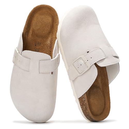 Project Cloud Echtes Leder-Fußbett-Clogs für Damen – Memory Foam Arch Support Hausschuhe für Frauen – Trendige Slip-Ons Damen Pantoletten & Clogs Sandalen (Benton), Weißes Wildleder, 42 EU von Project Cloud