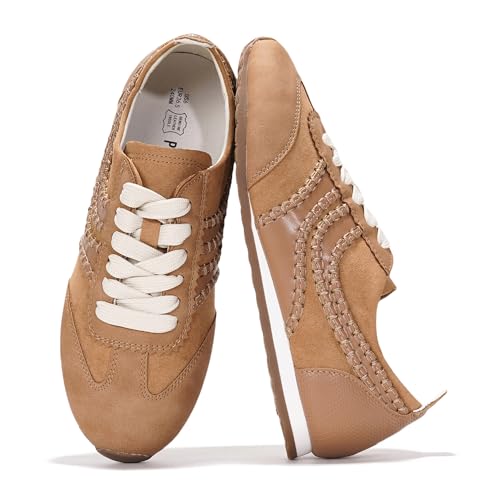 Project Cloud Leder-Barfußschuhe für Damen, Memory-Schaum, Schnürschuhe, leichte und rutschfeste Damenschuhe, lässig, ganztägig, modische Sneaker für 2025 (Tiger), Hellbraun, 37 EU von Project Cloud