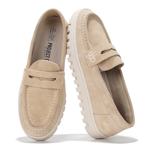 Project Cloud Loafer aus echtem Leder für Damen – Memory-Schaum-Einlegesohlen zum Reinschlüpfen für Damen – leichte Damenschuhe – rutschfeste Damen-Slipper (Filide1), Hautfarben, 38 EU von Project Cloud