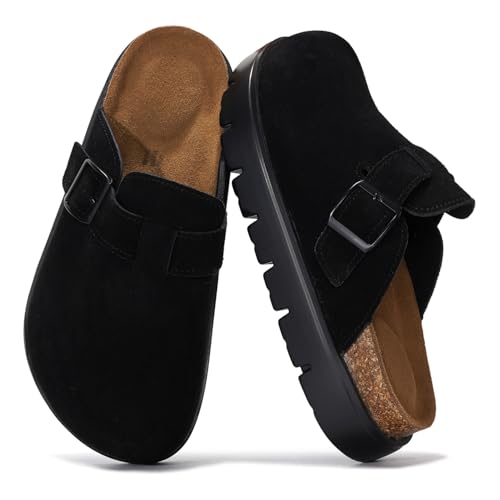 Project Cloud Plateau-Clogs aus echtem Leder für Damenschuhe – Memory-Schaum, Fußgewölbeunterstützung, Korkfußbett, Freizeitschuhe und Pantoletten für Damen 2025 (Benton Chunky), Blackmono, 7.5 von Project Cloud