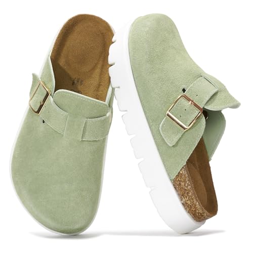 Project Cloud Plateau-Clogs aus echtem Leder für Damenschuhe – Memory-Schaum, Fußgewölbeunterstützung, Korkfußbett, Freizeitschuhe und Pantoletten für Damen 2025 (Benton Chunky), Salbei, 42 EU von Project Cloud