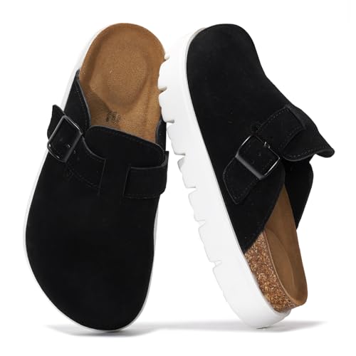 Project Cloud Plateau-Clogs aus echtem Leder für Damenschuhe – Memory-Schaum, Fußgewölbeunterstützung, Korkfußbett, Freizeitschuhe und Pantoletten für Damen 2025 (Benton Chunky), Schwarz, 39.5 EU von Project Cloud