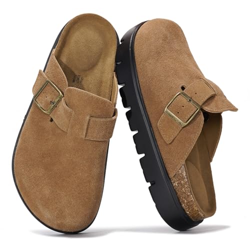 Project Cloud Plateau-Clogs aus echtem Leder für Damenschuhe – Memory-Schaum, Fußgewölbeunterstützung, Korkfußbett, Freizeitschuhe und Pantoletten für Damen 2025 (Benton Chunky), hautfarben, 6.5 von Project Cloud