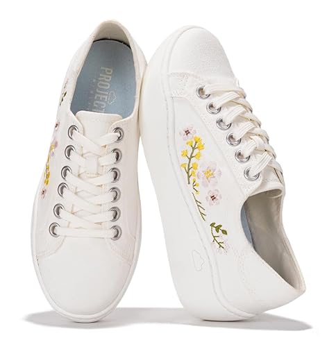 Project Cloud Plateau-Sneaker für Damen – leichte Damen-Sneaker mit Memory-Schaum-Innensohle – rutschfeste Schnürschuhe für Damen – perfekte Sommerschuhe für Damen 2025 (Bossy), Offwhite - Blumen von Project Cloud