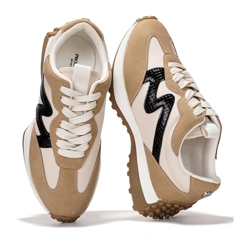 Project Cloud Trendige Sneaker für Damen – Memory-Schaum und rutschfeste, bequeme, lässige Damenschuhe für Damen, modische Sneaker, leichte Schnürschuhe (Lecco), Hellbraun, 38 EU von Project Cloud