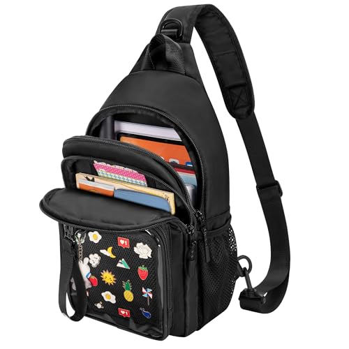 Prokva Ita Tasche, Crossbody Pin Display Sling Tasche mit Einsatz, Ita Brusttasche mit Transparentem Fach für Sammelpins, Comic Con, Reisen, Schwarz von Prokva