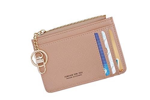 Damen Schlankes Leder Minimalistische Vordertasche Wallet Kartenetui Halter mit Ausweisfenster & Schlüsselanhänger (Pink), rose, Small, Einfach und einfach von Prometheism