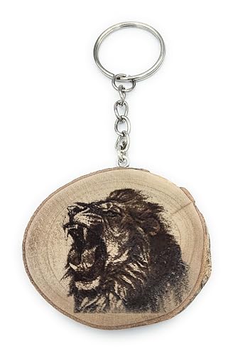 Promotech Brüllender Löwe Handgefertigter Lasergravierter Einzelstück Schlüsselanhänger aus Holz von Promotech