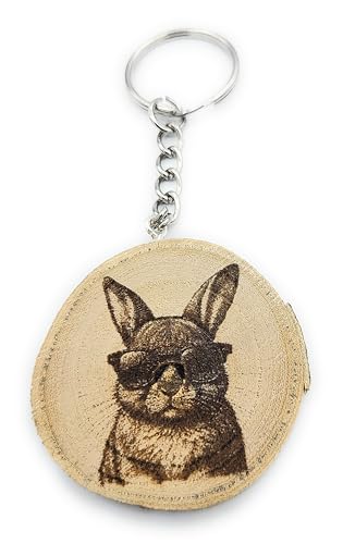 Promotech Cool Bunny Handgefertigter Lasergravierter Einzelstück Schlüsselanhänger aus Holz von Promotech