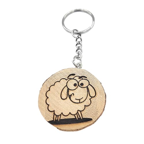 Promotech Crazy Schaf Handgefertigter Lasergravierter Einzelstück Schlüsselanhänger aus Holz von Promotech