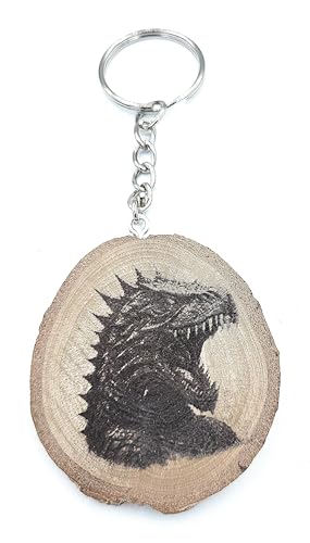 Promotech Godzilla Handgefertigter Lasergravierter Einzelstück Schlüsselanhänger aus Holz von Promotech