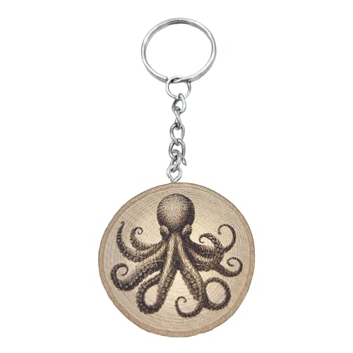 Promotech Kooler Krake Handgefertigter Lasergravierter Einzelstück Schlüsselanhänger aus Holz von Promotech