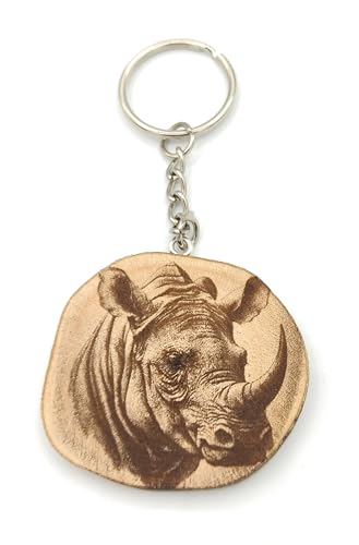 Promotech Nashorn Handgefertigter Lasergravierter Einzelstück Schlüsselanhänger aus Holz von Promotech