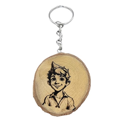 Promotech Peter Pan Handgefertigter Lasergravierter Einzelstück Schlüsselanhänger aus Naturholz von Promotech