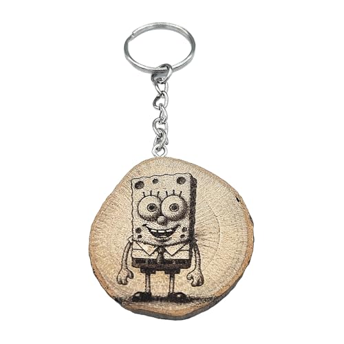 Promotech S-Bob Squarepants Cartoon Figur Handgefertigter Lasergravierter Einzelstück Schlüsselanhänger aus Holz von Promotech
