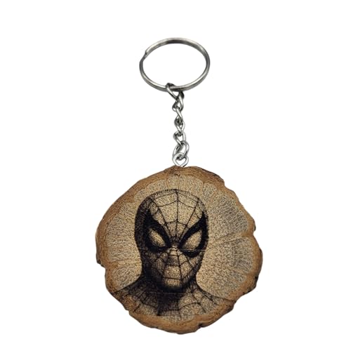 Promotech Spinnenman Superheld Handgefertigter Lasergravierter Einzelstück Schlüsselanhänger aus Holz von Promotech