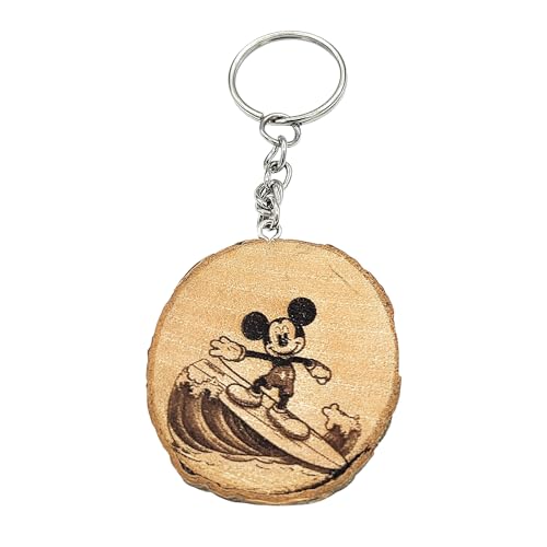 Promotech Surfing Mickey Majic Mouse Laser-gravierter Handgefertigter Naturholz-Schlüsselanhänger von Promotech