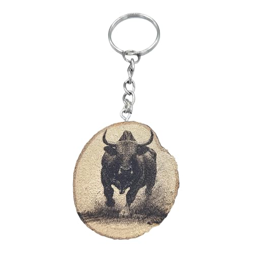 Promotech Wilder Stier Handgefertigter Lasergravierter Einzelstück Schlüsselanhänger aus Holz von Promotech