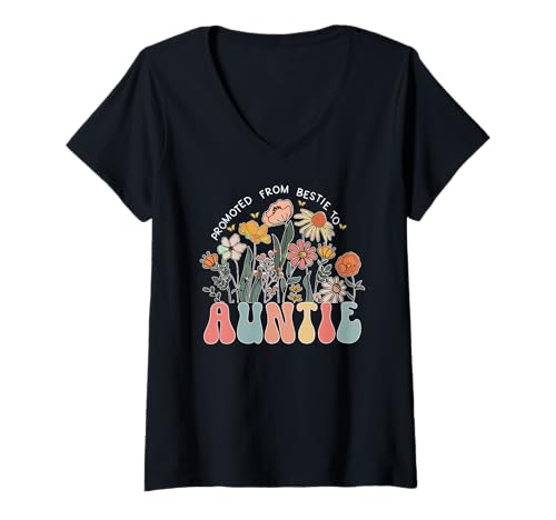 Damen Retro-Wildblumen Werden von der besten Freundin zur neuen Tante befördert T-Shirt mit V-Ausschnitt Damen Retro-Wildblumen Werden von der besten Freundin zur neuen Tante befördert T-Shirt mit V-Ausschnitt von Promoted From Bestie to Auntie Pregnancy Reveal